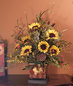 Golden Sunflowers in Rooster Planter